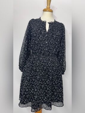 Madewell XS Black Floral Silk Blend Mini Dress Long Sleeve Lined